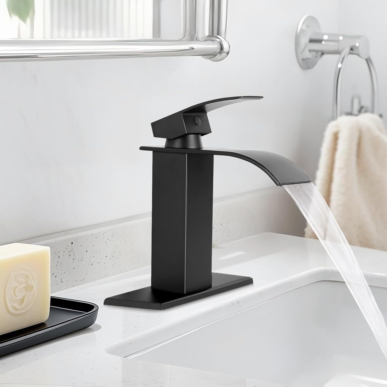 Matte Black Bathroom Faucets, Waterfall Bathroom Sink Faucet Modern Single Handle Bathroom Faucte 1 or 3 Hole, RV Mixer Tap Vanity Faucet - Includes Pop-up Drain Supply Hoses Deck PlateA