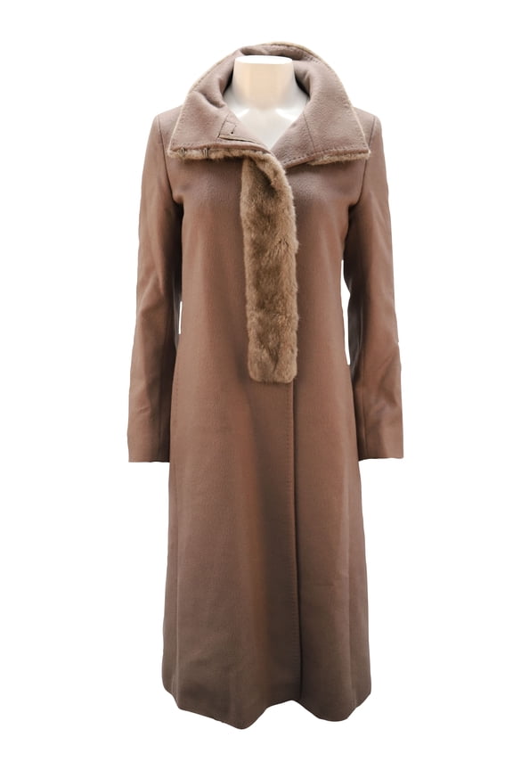 Pre-Owned Max Mara Long Jacket with Faux Fur Collar in Brown Alpaca Fibre