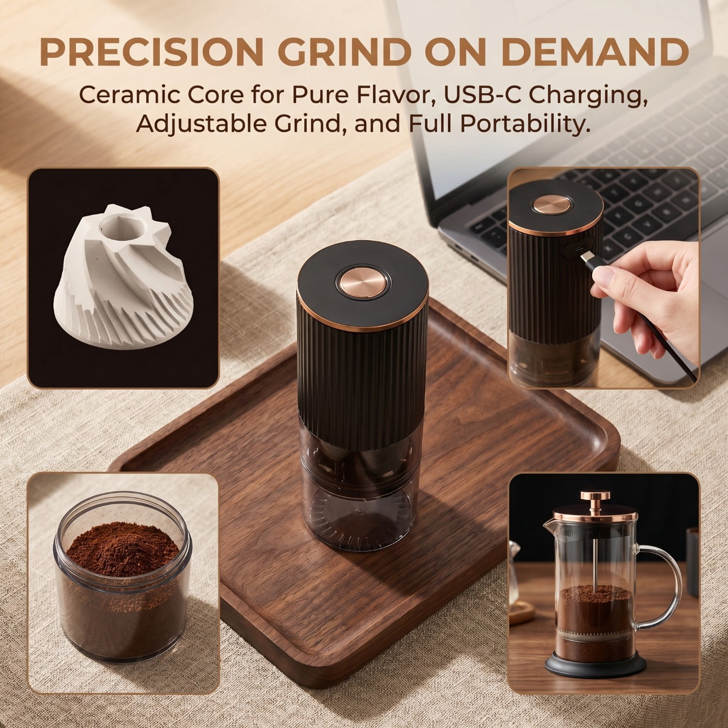 Electric Coffee Grinder USB Rechargeable, Portable Cordless Coffee Bean Grinder with Ceramic Burr, Adjustable Grind Settings for Home Kitchen
