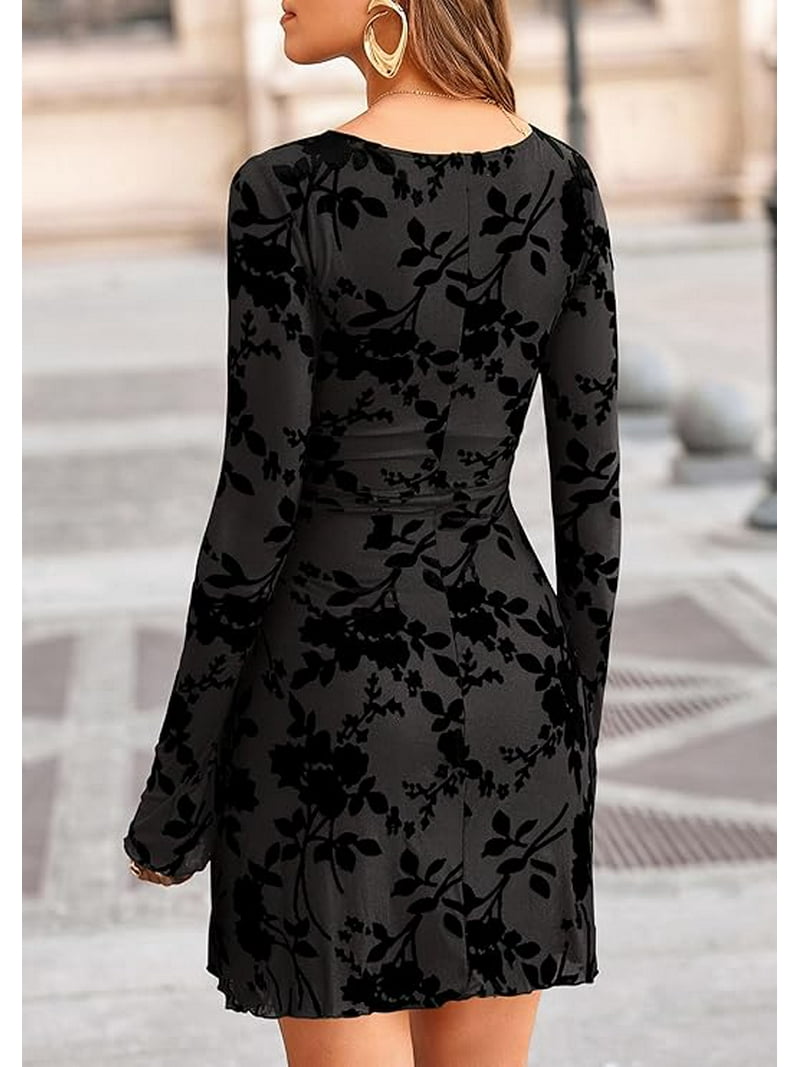 Prettygarden Women's Fall Fashion Floral Long Sleeve Mini Dress Mesh Bodycon Short Party Date Night Going Out Dresses, Size: 2XL, Black