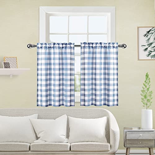 HOMERRY 28"x24" Light Blue Curtains Buffalo Check Plaid Gingham Light