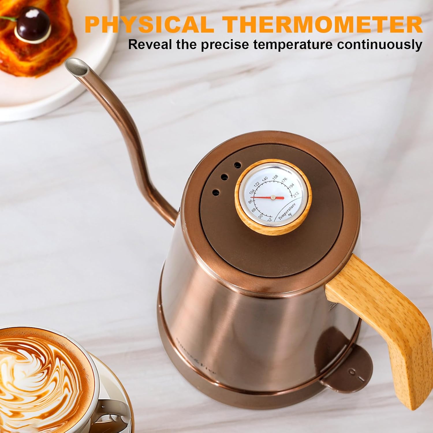Gooseneck Electric Kettle with Thermometer, Copper Tea Kettle with Auto Shut-Off, 1000W Hot Water Kettle Electric of Stainless Steel