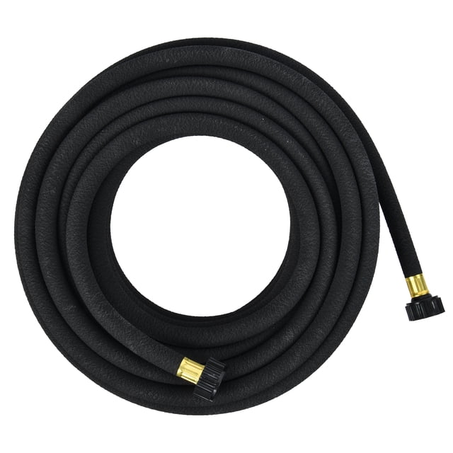 Expert Gardener 60 Psi 50ft Soaker Hose coiled with a textured black surface and brass fittings with black plastic connectors at both ends, designed for efficient garden irrigation and suitable for slow, deep watering.