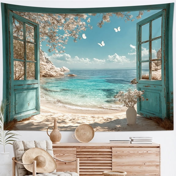 HVEST Window Beach Tapestry Wall Hanging Blue Coastal Ocean Sea Floral Wall Tapestry for Bedroom Nature Landscape Tapestry for Living Room College Dorm Home Decor,60x40 inch