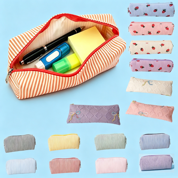 Yhmxh Estuche para lápices de gran capacidad, estuche para bolígrafos de lona suave, estuche de papelería con cremallera y amplio interior, bonito organizador a rayas para bolígrafos, marcadores y