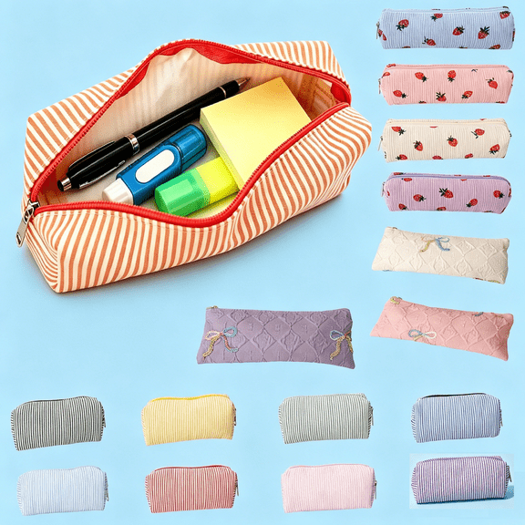 OANLKGI Large Capacity Pencil Case Pen Pouch, Soft Canvas Pencil Case, Zippered Stationery Pouch with Spacious Interior, Cute Striped Organizer for Pens, Markers, and Office Supplies