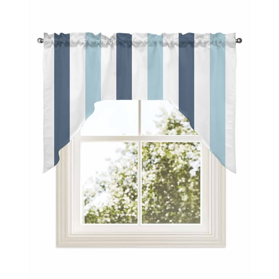 Blue Aqua Striped Kitchen Curtains Swag Valance for Windows/Bathroom/Cafe, Farmhouse Stripe Art Rod Pocket Drape Panel Swag Curtains Valance for Bedroom/Living Room 56"x36"