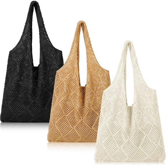 3 Pcs Crochet Mesh Beach Tote Bag for Women Summer Hollow Woven Straw Bag Knitted Shoulder Handbags for Boho Aesthetic