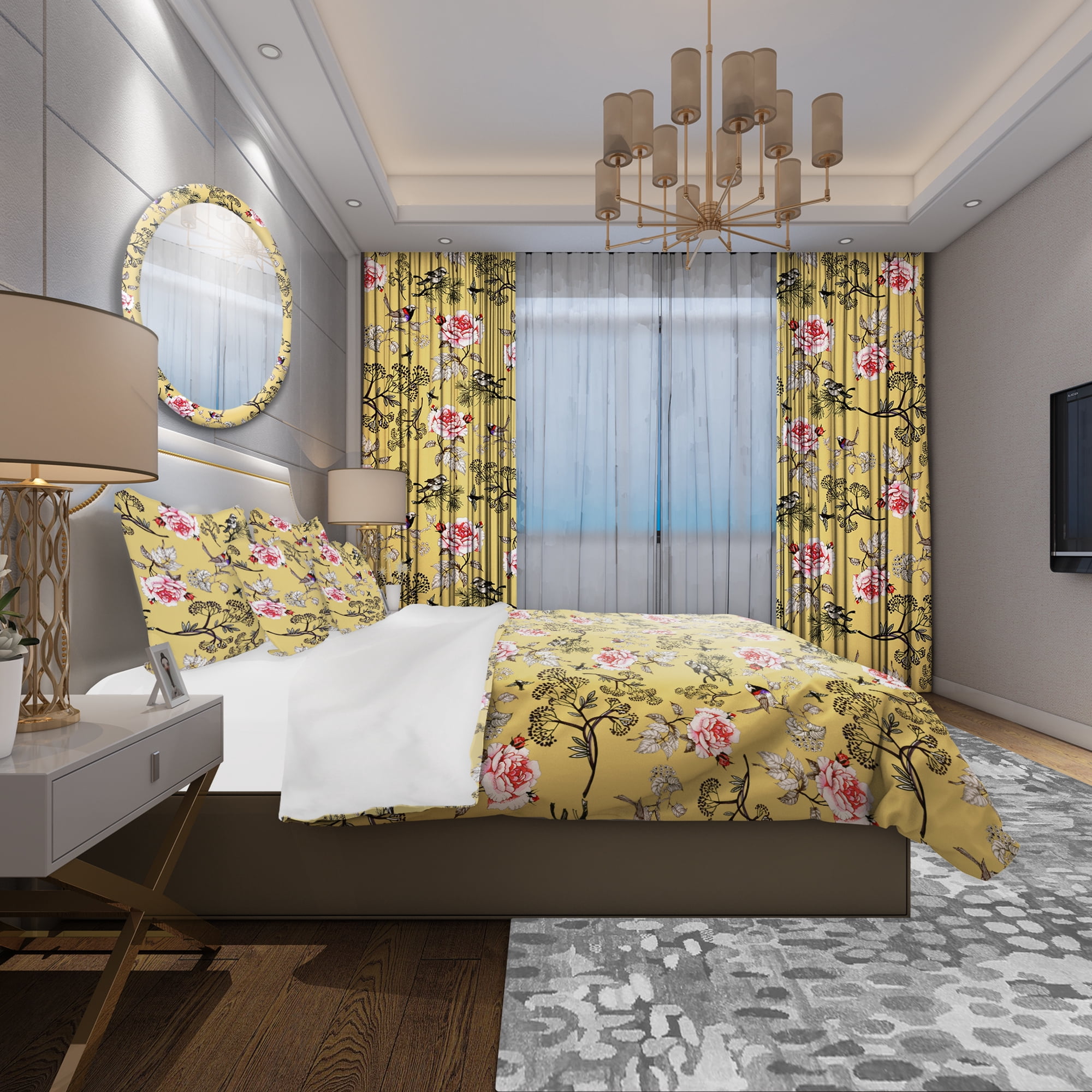 Designart 'Birds and Pink Roses Floral Pattern' Modern & Contemporary Duvet Cover Set