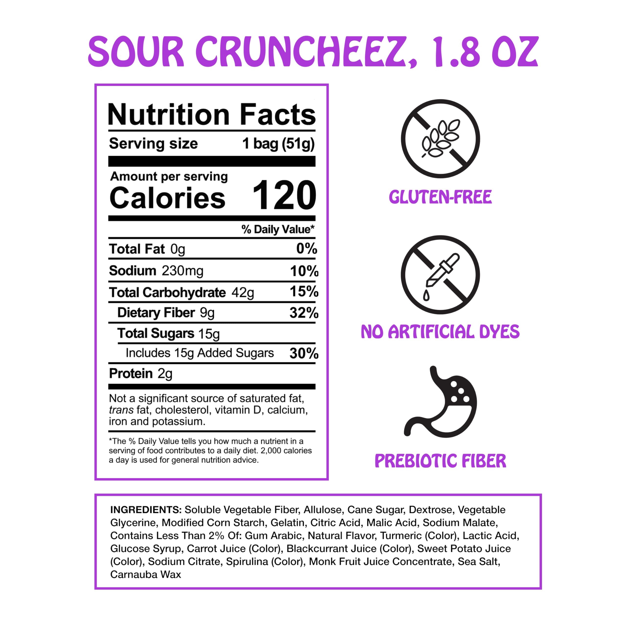 Rotten Sour Gummy Cruncheez - Low Sugar, Low Calorie, 7g Gut-Friendly Prebiotic Fiber and 3g Protein, Gluten Free Candy - 1.8 oz - 8-Pack