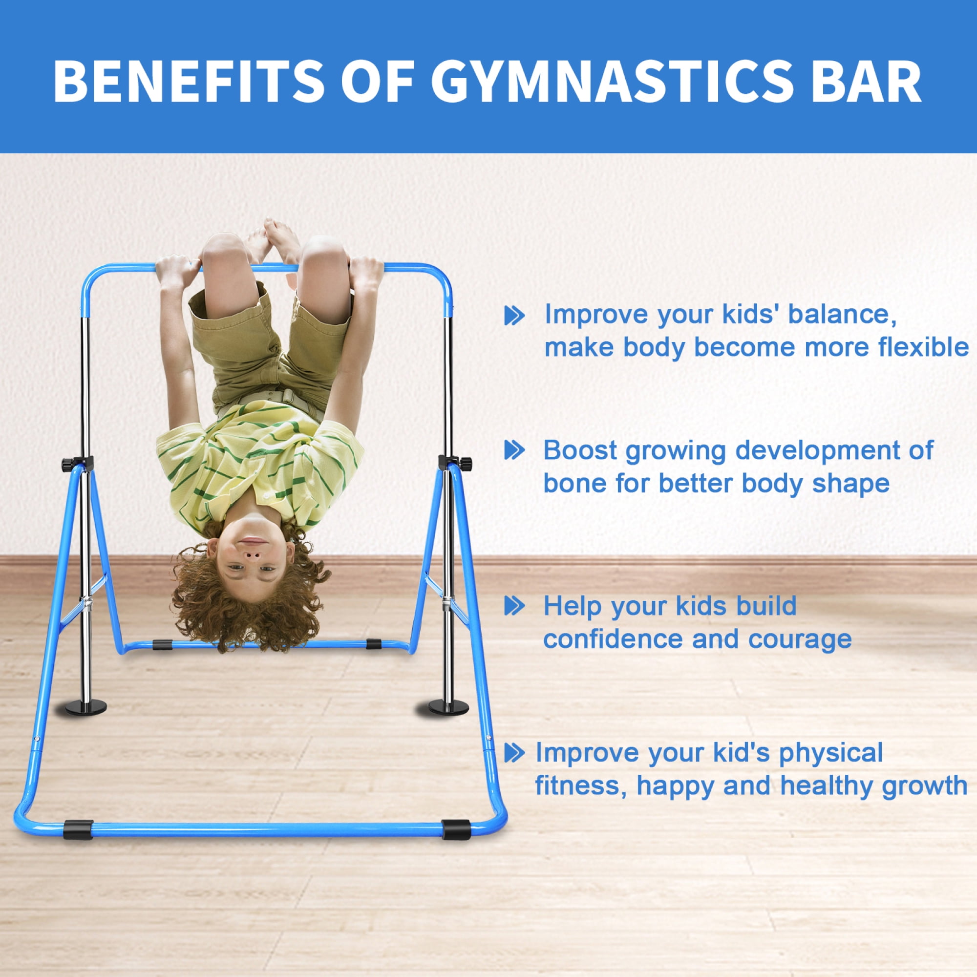 Leumius Gymnastics Bar for Kids,35"-51" Adjustable Height Steel Gymnastic Horizontal Bars with Bear Rings,Gymnastics Equipment for Indoor/Outdoor Training,Blue