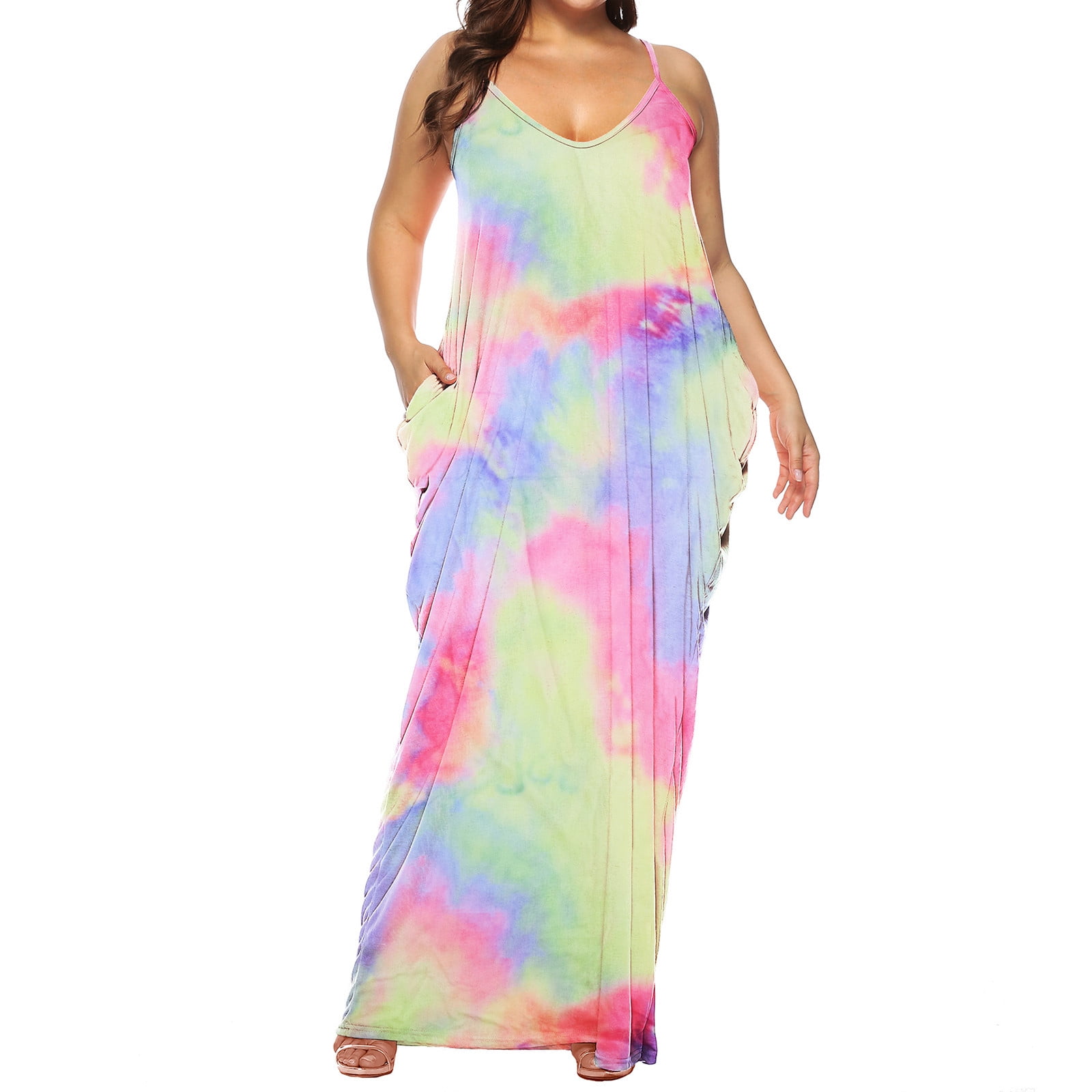 Dianli Plus Size Womens Dresses V-Neck Sleeveless Maxi Tie-Dye Floral ...