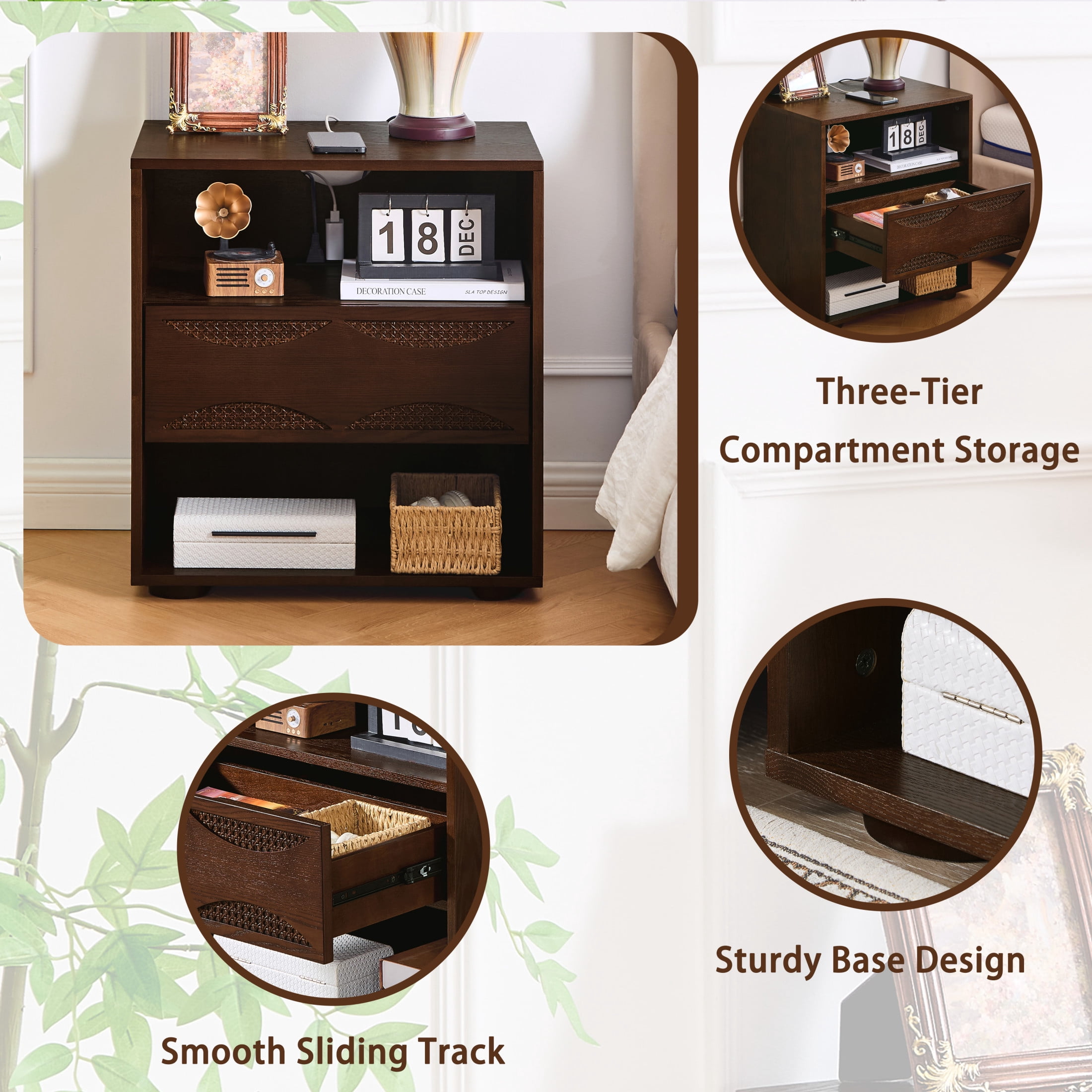 GDF Studio 23.2" Mid Century Modern Rattan Nightstand with Charging Station, Drawer & 2 Open Shelves, Walnut