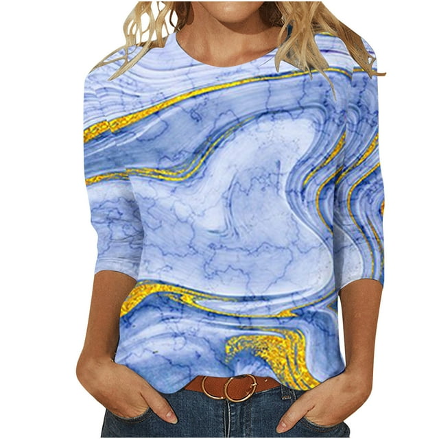 EQWLJWE Hauts d'Été pour Femmes Hauts pour Femmes en Liquidation Mode Féminine Manches Courtes Col Rond Rétro Imprimé Hauts Amples Blouse Manches Trois Quarts