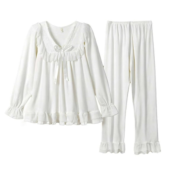 Tnhcen Women's Lace Trim Pajama Set Princess Style Sleepwear V-Neck Long Sleeve Pajamas Soft Nightwear Set for Women 2-Piece Lounge Set L-XL