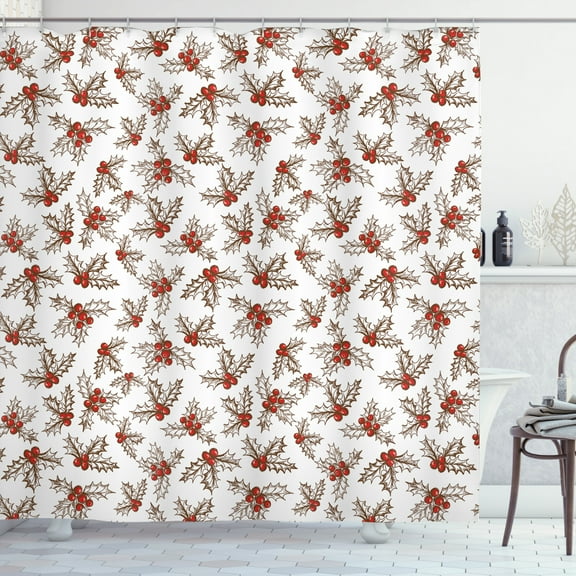 Ambesonne Christmas Shower Curtain, Holly Berries Leaves, 69"Wx75"L, Scarlet Brown