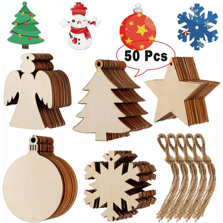 SAYLITA 50 Pcs DIY Wooden Christmas Ornaments Unfinished Predrilled Wood  Slices Circles 5 Styles DIY Christmas Ornaments Kit with 50 Strings for  Crafts Centerpieces Holiday Decorations 