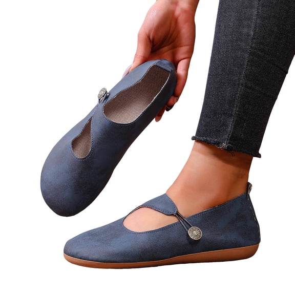 Women's Flat Casual Shoes Non Slip Wide Toe Box Ballet Flats Casual Slip On Low Top Barefoot Shoes with Fashion Button Blue Size 7.5