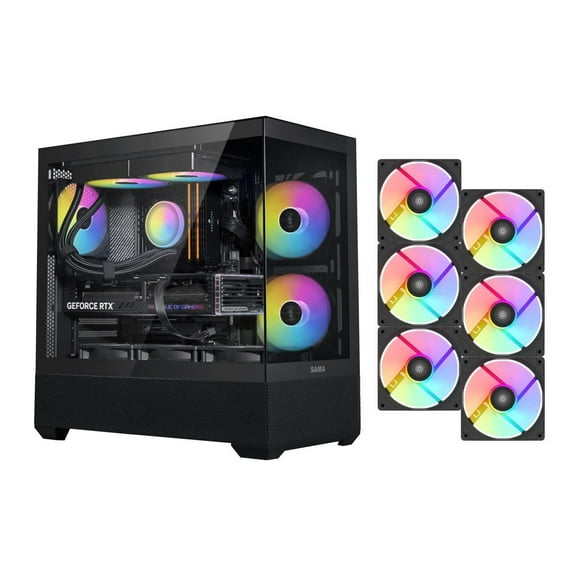 SAMA V40 Black ATX Mid Tower PC Case, 6 Pre-Installed 120mm ARGB PWM Fans, Dual Tempered Glass Panels, Vertical Airflow Design, USB Type-C Port,  Gaming Computer Case for ATX/Micro-ATX/ITX Motherboar
