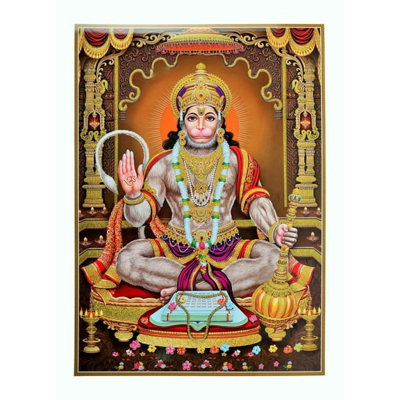 Bm Traders Hanumanji Golden Zari Art Work Poster Without Frame (24 X 36 Inches)