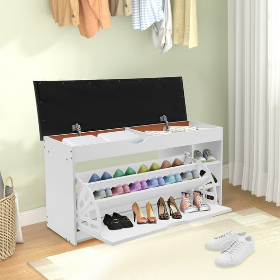 39.37*11.81*20.08 Free Standing Space-Saving Triple-Fold Shoe Rack with Bench Warm White Entryway Storage