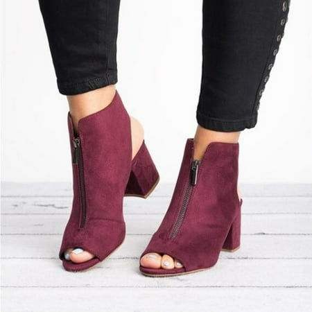 

Tangnade women shoes Women Fashion Flock Thick High Heel Zip Solid Sandals Peep Toe Casual Shoes Wine 39