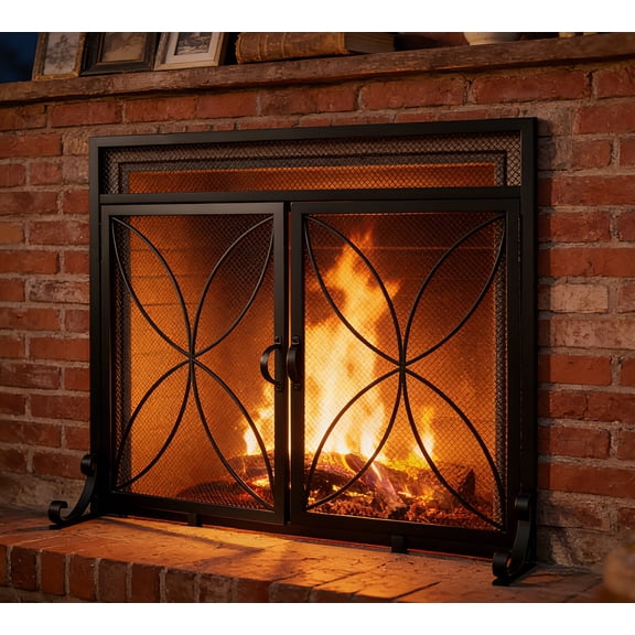 Fire Beauty Fireplace Screen with Doors, Handcrafted Solid Steel, Heavy Duty Metal Mesh, Powder Coat Finish, Spark Guard