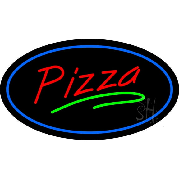 Pizza Oval Blue Border LED Neon Sign 20 x 37 - inches, Black Square Cut Acrylic Backing, with Dimmer - Bright and Premium built indoor LED Neon Sign for restaurant window and interior decor.