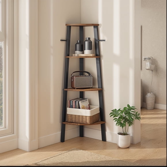 LEDREM Étagère d'Angle - Bibliothèque Industrielle à 4 Niveaux, Support pour Plantes Gain de Place, Assemblage Rapide, Brun Rustique et Noir