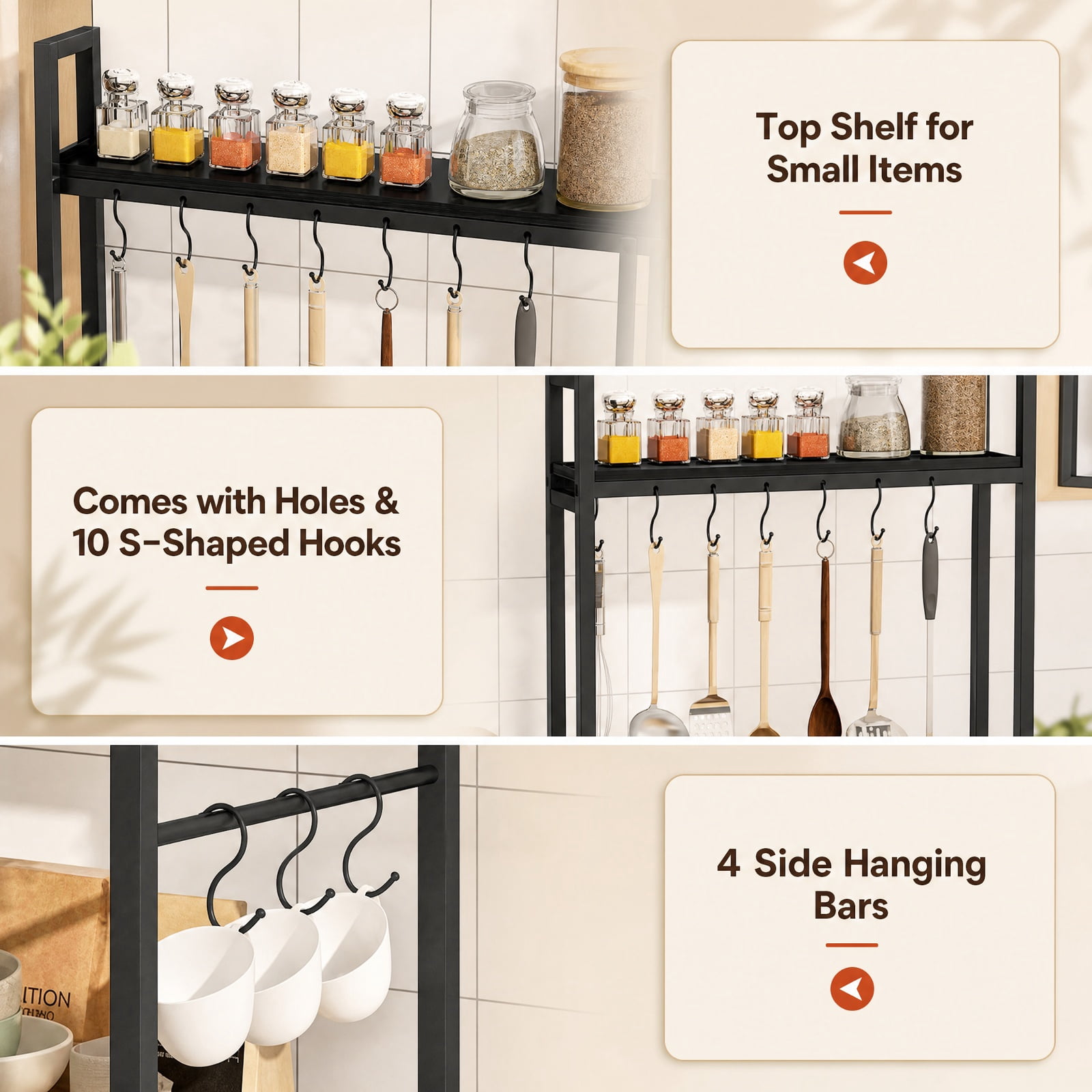 RUIE 5-Tier Baker's Rack with Power Outlets and 10 S-Hooks, Kitchen Storage Stand with Charging Station and Side Hanging Bars, Coffee Bar Shelf, Black