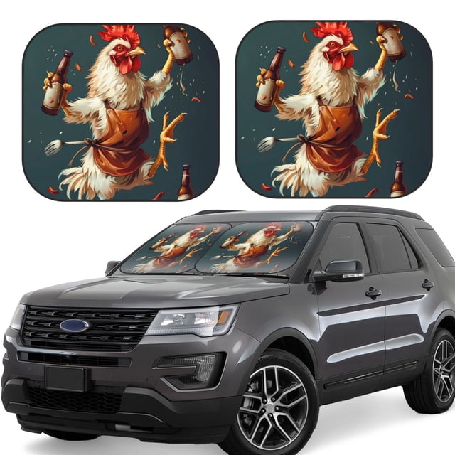 Vsdgher Chef Chicken With Beer Bottles Print Car Windshield Sun Shade, Reflective Sunshade Window Sunshade Sun Visor Protector Fit for Cars,Trucks,SUVs-Large