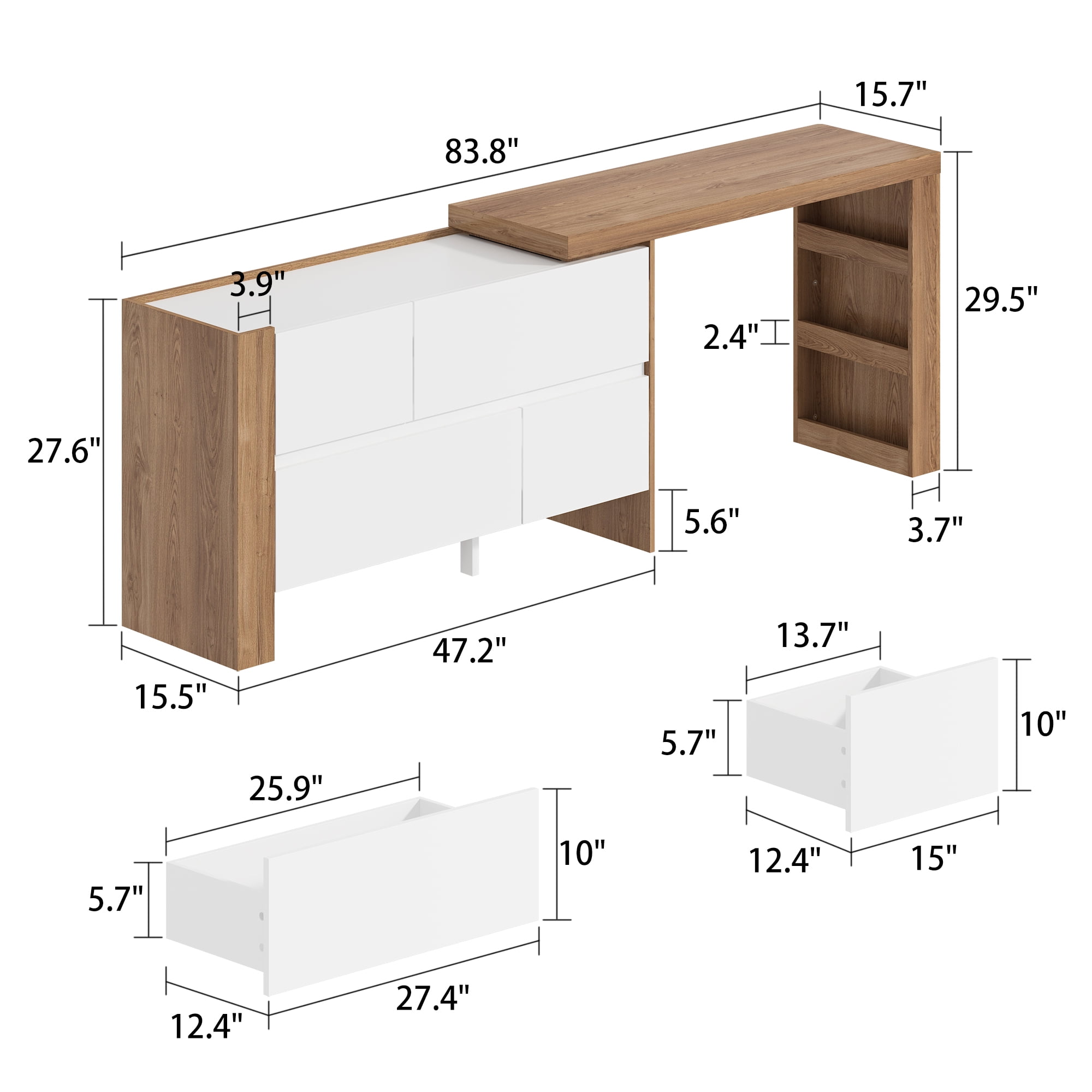 KULAGAGA L-Shaped Desk with Dresser, 3 Drawer Drawer with Shelves, White & Brown