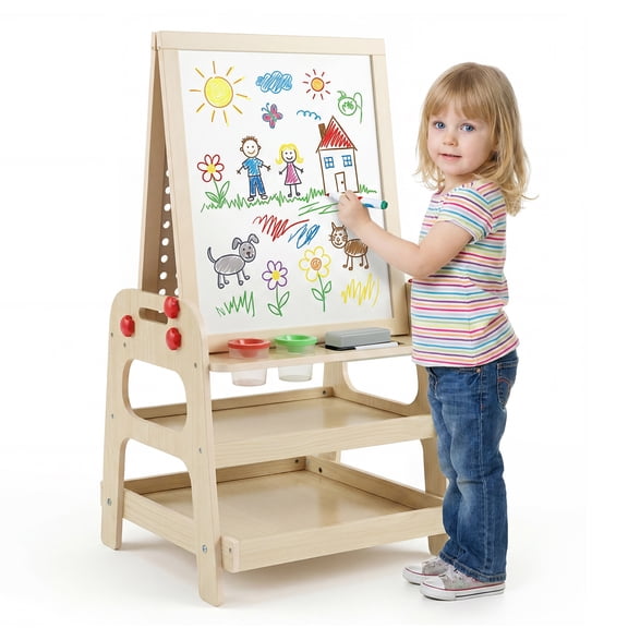 Gymax 2-in-1 Easel for Kids Wooden Art Easel w/ Magnetic Whiteboard & Marble Run Game Natural