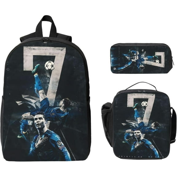 Soccer Backpack Player #7 Ronaldo Backpack with Lunch Box & Pencil Case Lightweight Casual Knapsack for Trave
