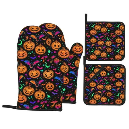 

Oven Mitts and Pot Holders Sets 4 pcs - halloween pumpkin bat Heat Resistant Silicone Oven Gloves with Non-Slip Silicone Surface and hot pads for kitchen Baking Cooking BBQ