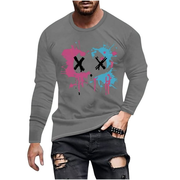 cllios Long Sleeve Shirts for Men Funny Smiling Face Print Graphic Tees Classic Crew Neck T Shirts Fashion New Sweatshirt Streetwear