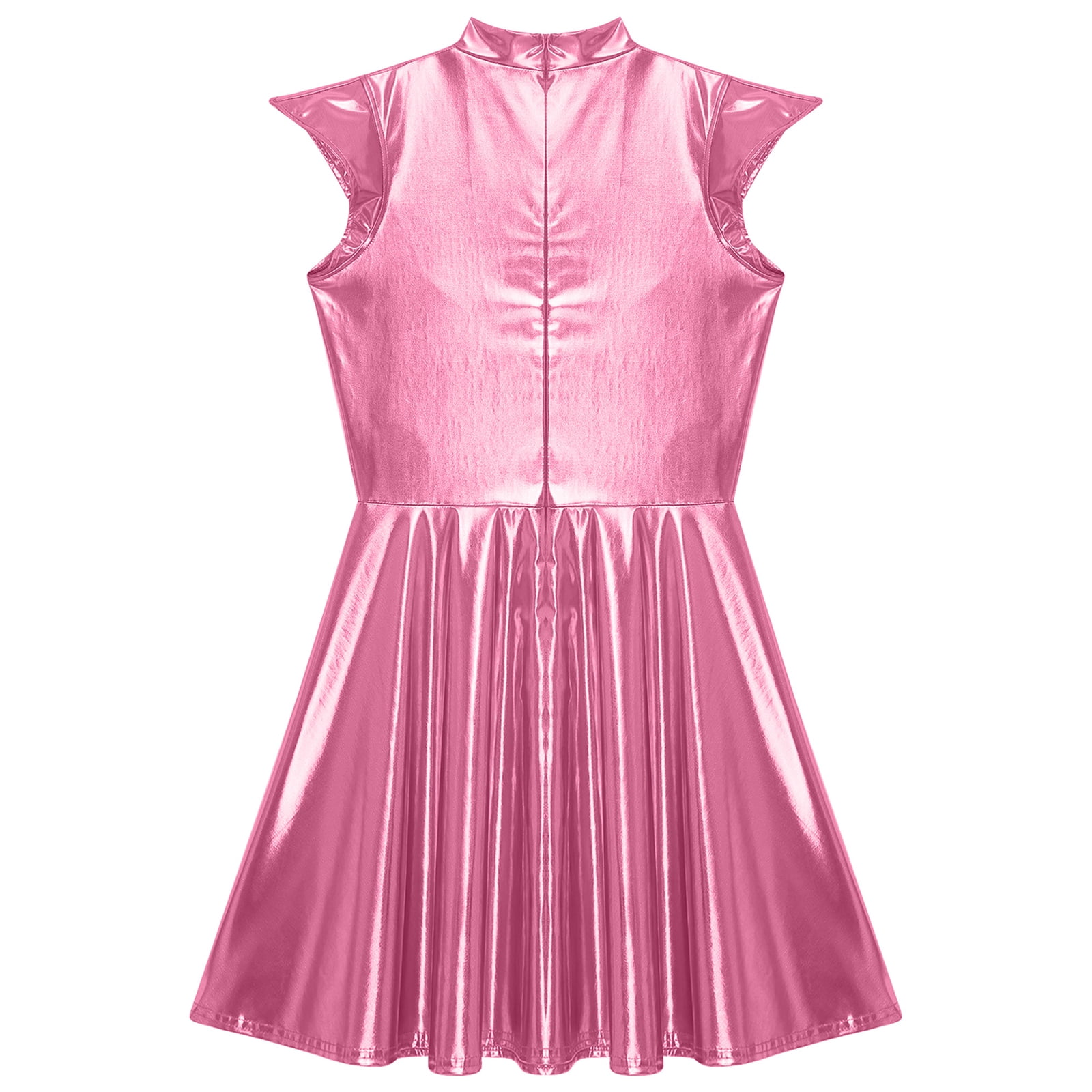 iiniim Women Shiny Metallic Holographic High Waisted Flare Skater Dress Carnival Party Pink L