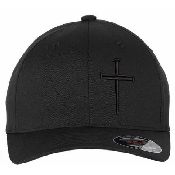 Christian Hats for Men Women Jesus 3 Nail Cross Hat BLACK Black S/M FLEX FIT HAT with a Free 4" Decal