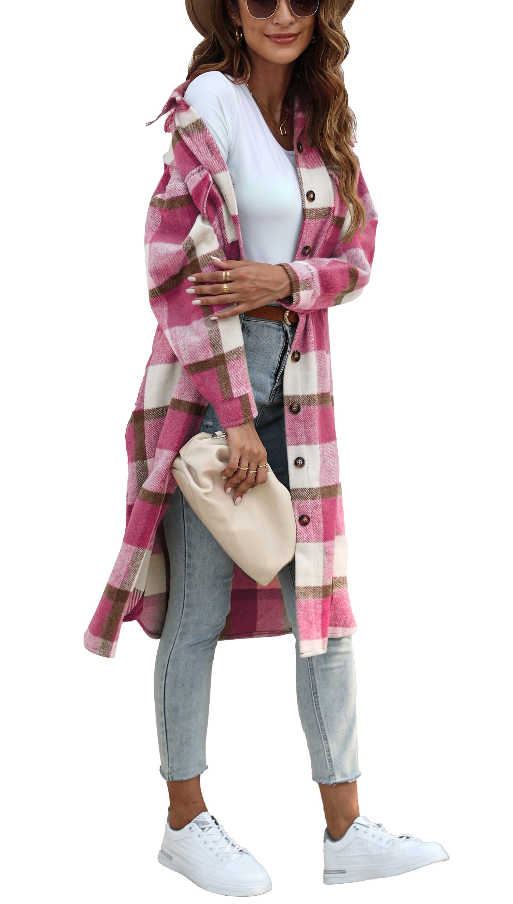 Fantaslook Flannel Shirts for Women Button Up Plaid Shirt Long Pocketed Shacket Jacket Coat