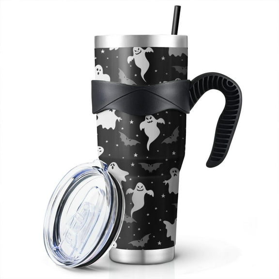 Darkness Themed 40oz Tumbler - Spooky Halloween Bat Cobweb Pattern Insulated Handle Cup