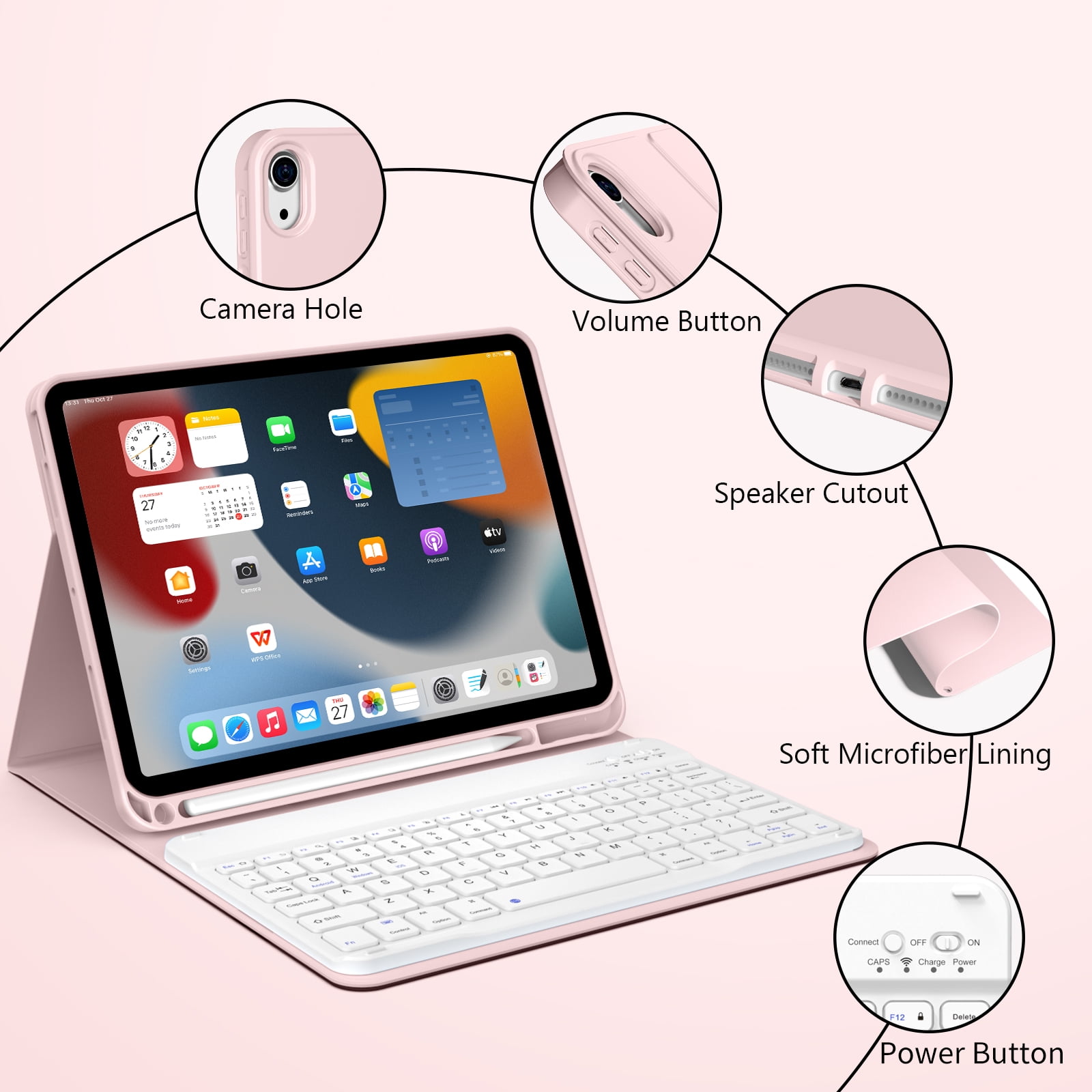 Aoub Keyboard Case for iPad (A16) 11th 10th Generation 2025 2022 with Pencil Holder, Detachable Wireless Bluetooth Rechargeable Keyboard Cover, Pink