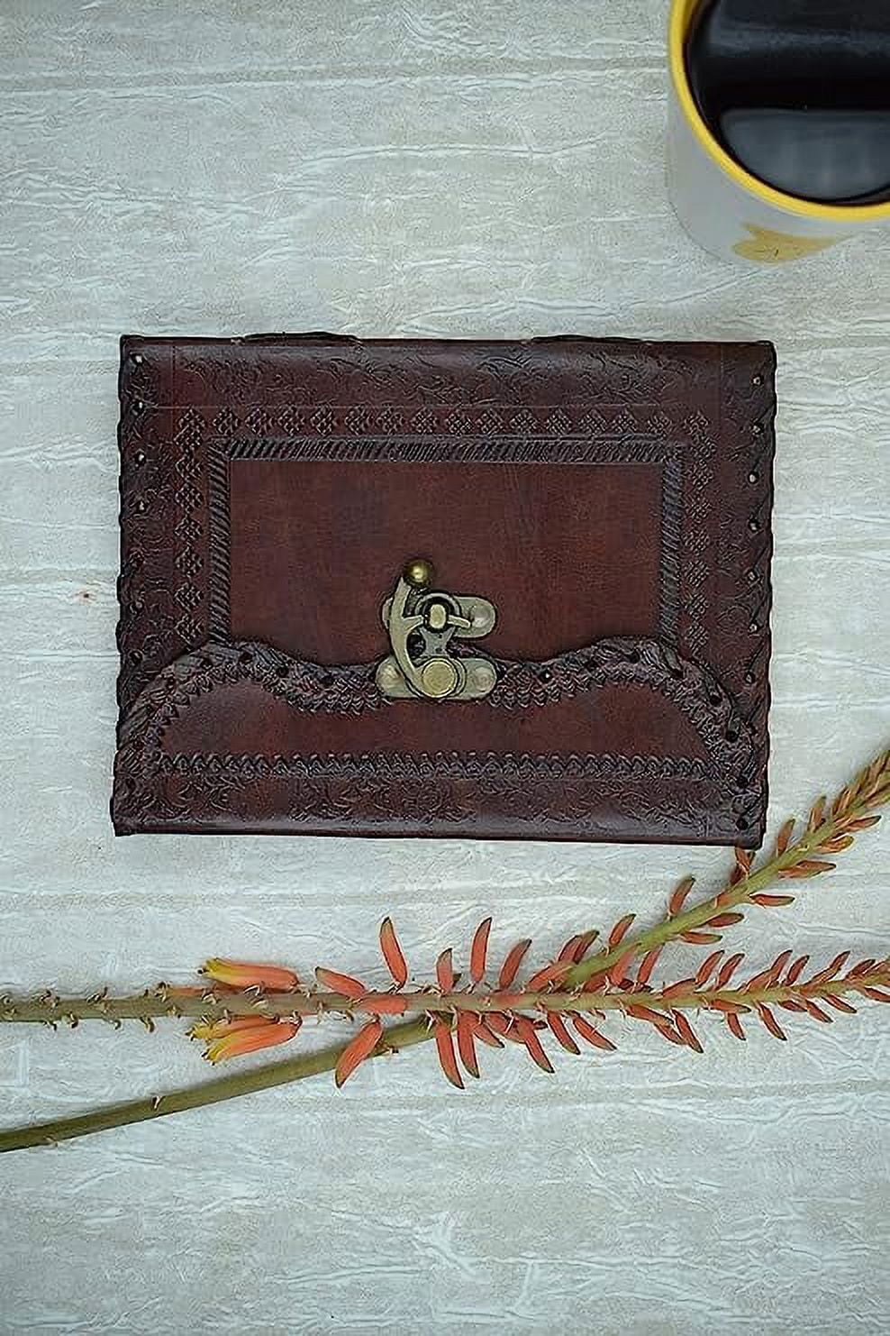 OVERDOSE Mehrab Brass C-Lock Leather Journal - Handmade Antique Stone Journal For Students, Office, Men & Women Diary Leather Sketchbook Drawing Journal Notebook - 6 X 8 Inches | 15 X 20 cm | A5