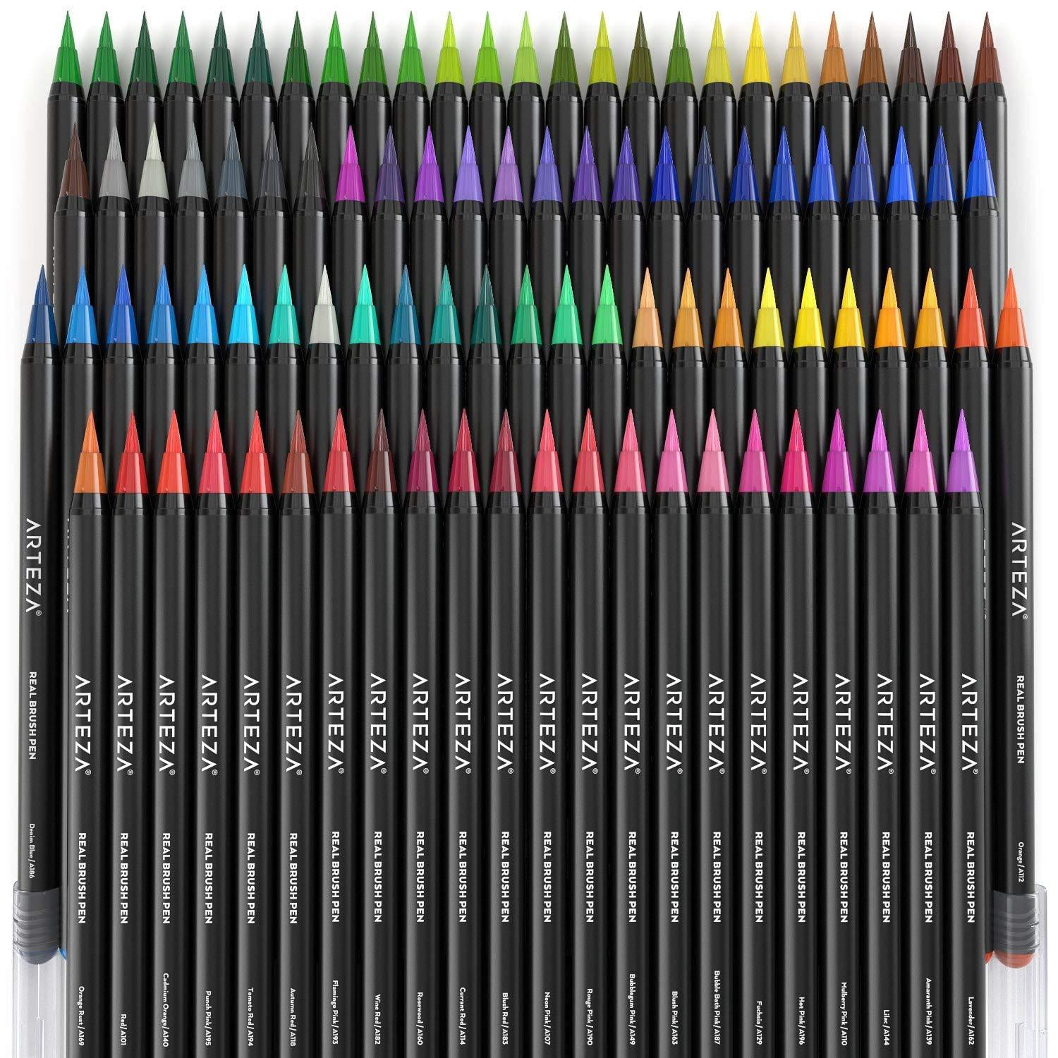 Arteza Real Brush Tip Artist Brush Pens Set, Blendable Ink, Assorted Colors, Travel Case