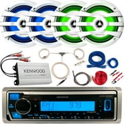 Kenwood KMR-M328BT Single DIN Marine/MotorSports SiriusXM Ready USB Bluetooth Receiver, 2 Pairs (QTY 4) of 6.75" 2-Way 260 Watts Max White LED Speakers, 4-CH Amplififer, Wiring Kit, Antenna