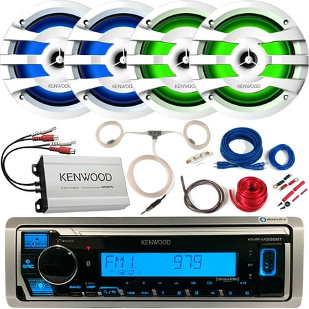 Kenwood KMR-M328BT Single DIN Marine/MotorSports SiriusXM Ready USB Bluetooth Receiver, 2 Pairs (QTY 4) of 6.75" 2-Way 260 Watts Max White LED Speakers, 4-CH Amplififer, Wiring Kit, Antenna