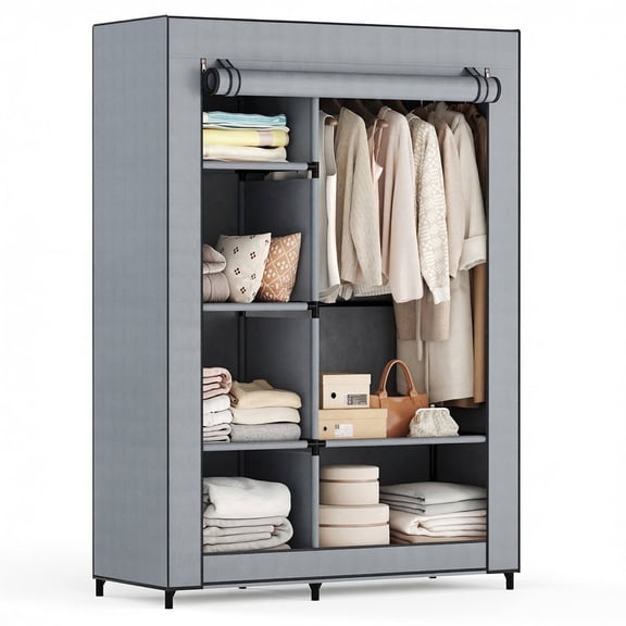 edx Portable Closet Wardrobe with Cover, 40 inch Heavy Duty Clothes Storage Organizer with Shelves and Hanging Rod for Bedroom, Living Room, Entryway,Gray