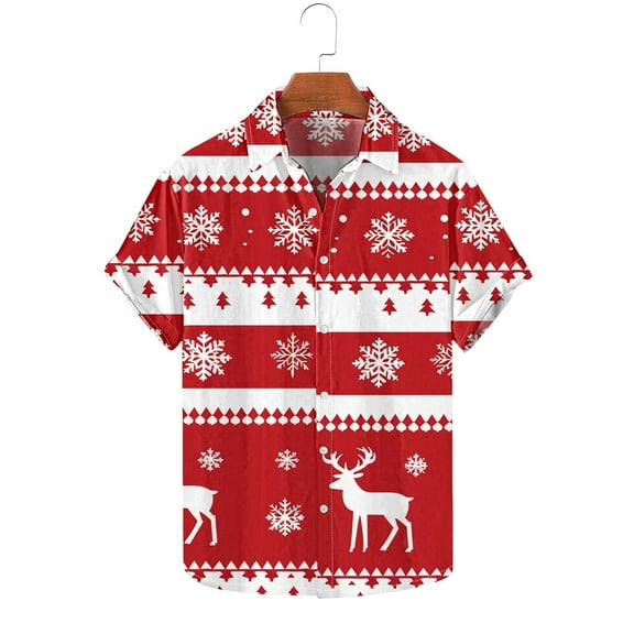 cllios Mens Christmas T Shirts,Christmas Hawaiian Shirts for Men Casual Button Down Short Sleeve Holiday Beach Shirt Xmas Elk Snowflakes Graphic Tees Party Aloha Shirts