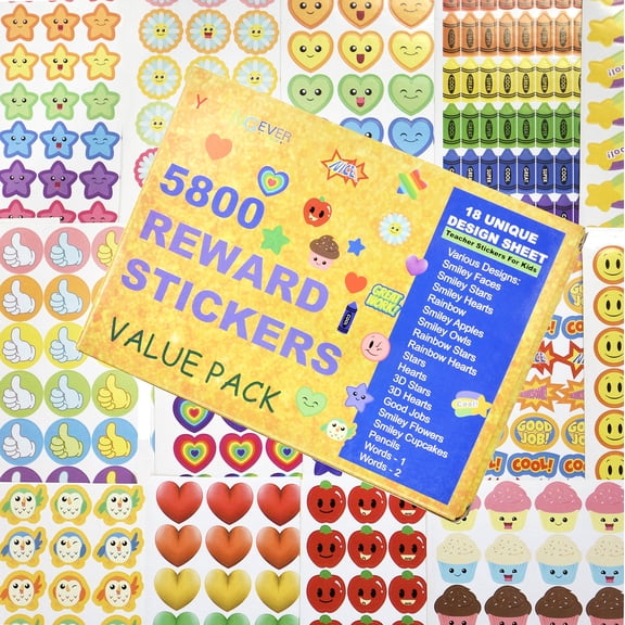 Youngever 5800 Teacher Stickers for Kids, Reward Stickers Mega Variety Pack, Incentive Stickers for Teacher Supplies Classroom Supplies, 18 Design Styles Including 3D Heart, face, Star, owl, Cupcake