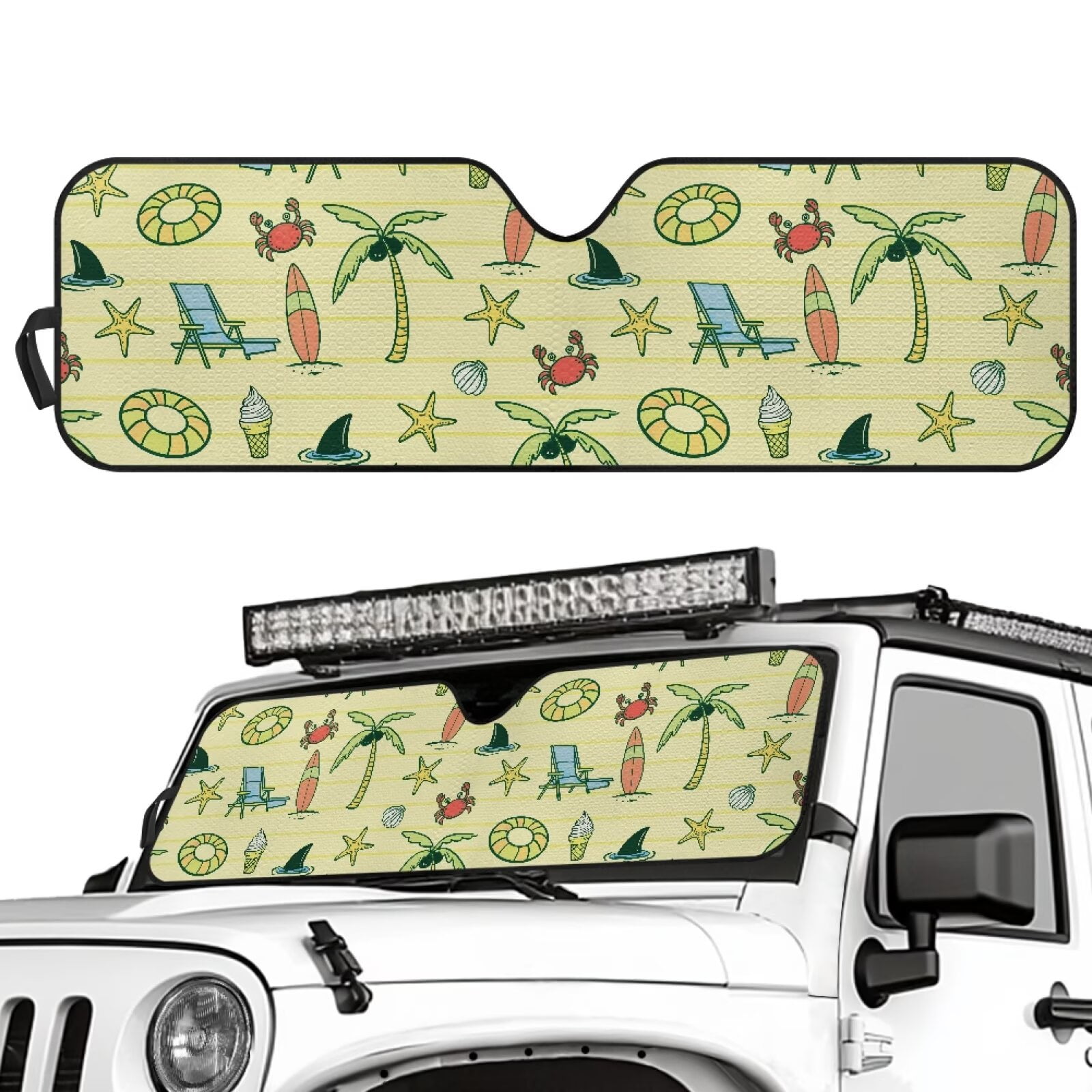 HUIAOCNG Beach Pattern Windshield Sun Shade,American Flag Car Sun Shade for Rubicon Sahara TJ JK JKU 2 Door & 4 Door, UV Rays Blocker Sun Visor Shade Keep Vehicle Cool,Black
