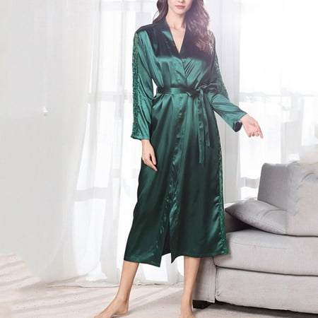 

Women Satin Long Sleeve Robe Elegant Kimono Pyjamas Nightwear Long Bathrob